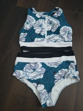 Breastfeeding Friendly Floral High-Neck Two-Piece Bikini Set in Teal